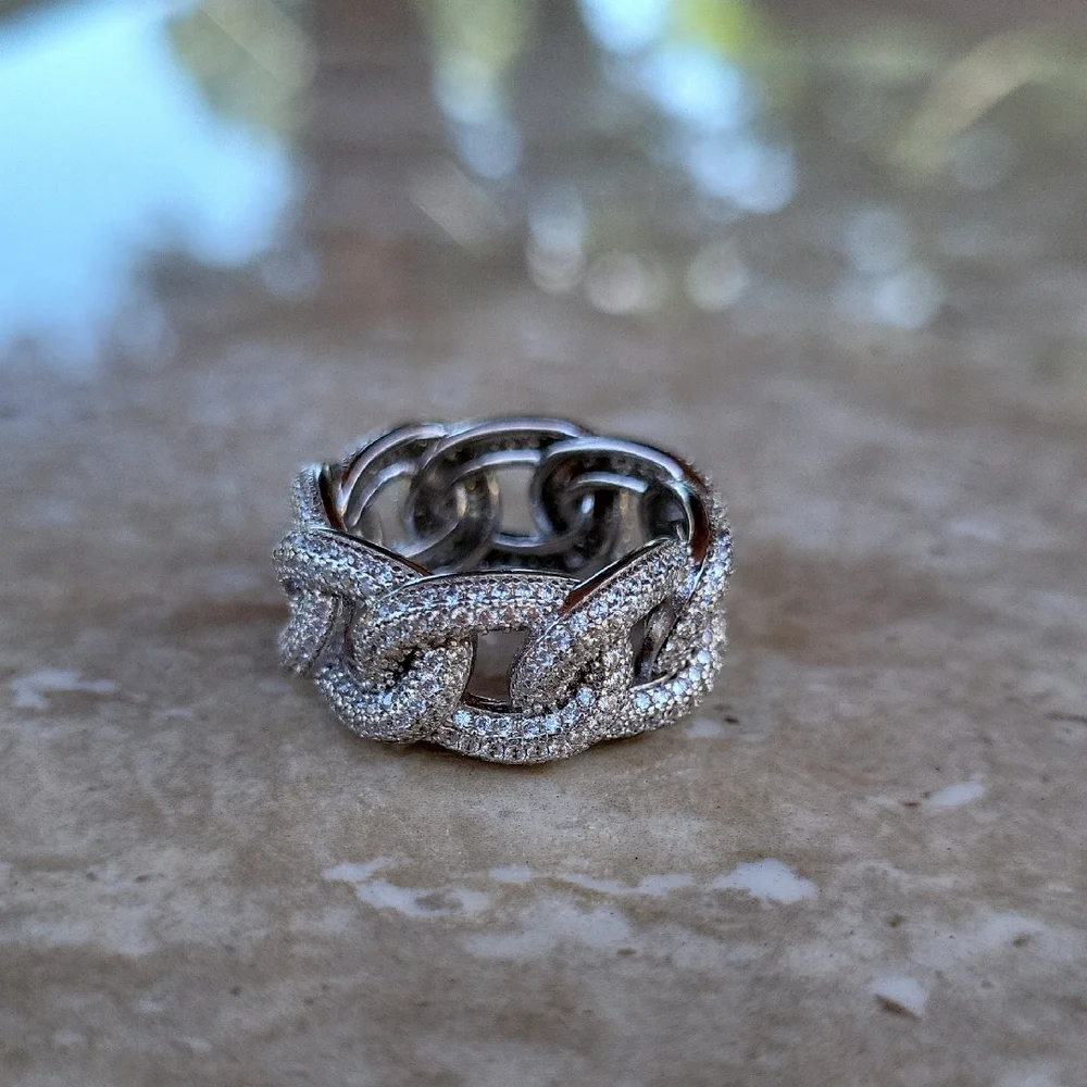 925 Sterling Cuban Chain Link Ring With Simulated Diamonds